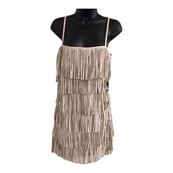 Trixxi beige faux suede‎ fringe flapper style short dress size large new - Picture 1 of 9